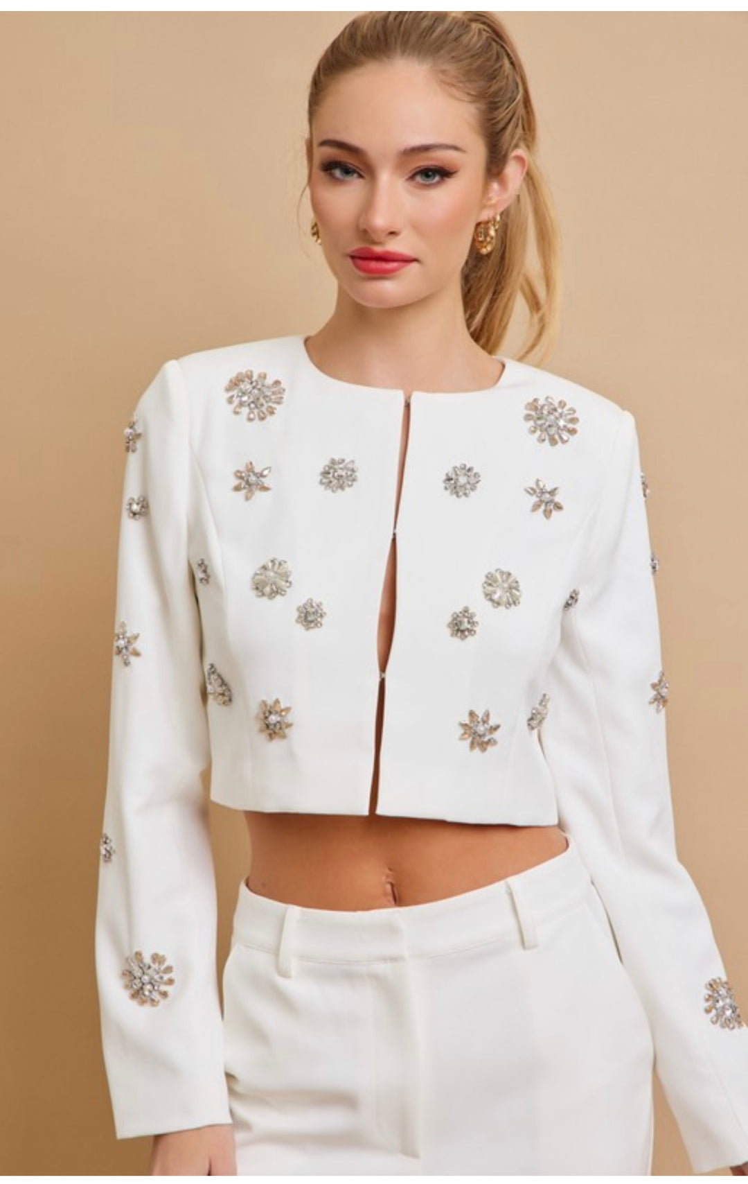 Sparkly Diamante Floral Crop Blazer Split Flared Leg