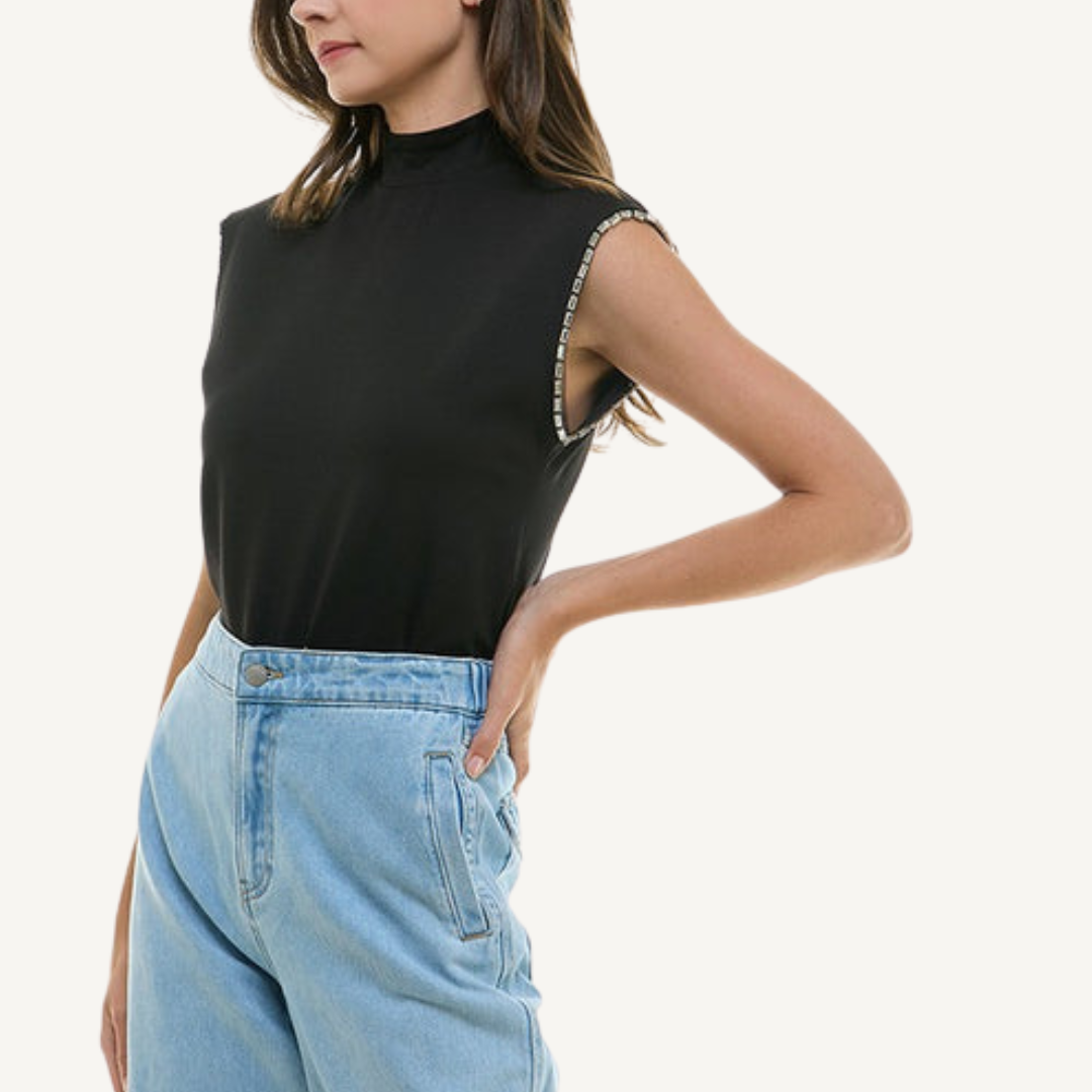 Sleeveless Turtleneck Tee with Silver Trim