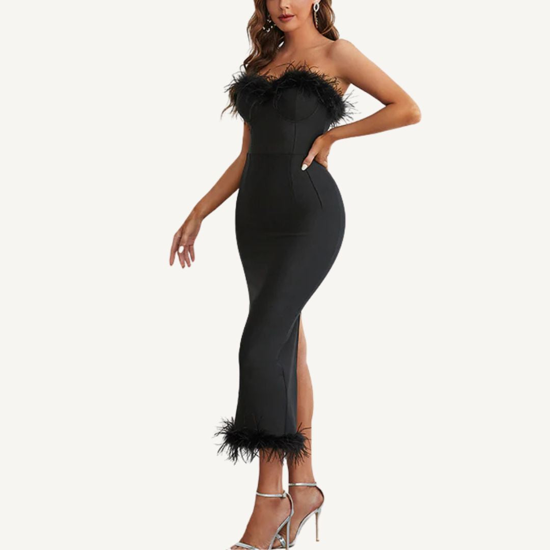 Strapless Feather Bandage Dress in Black