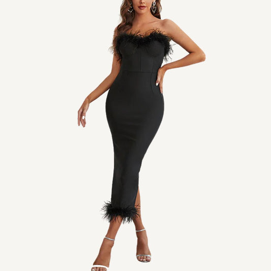 Strapless Feather Bandage Dress in Black