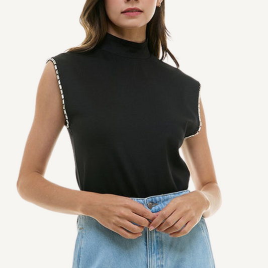 Sleeveless Turtleneck Tee with Silver Trim